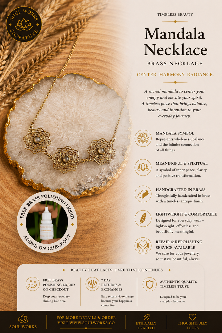 Mandala necklace in pure brass featuring intricate floral sacred geometry motifs with luminous stone accents, styled as an elegant bohemian statement jewellery piece with handcrafted spiritual detailing