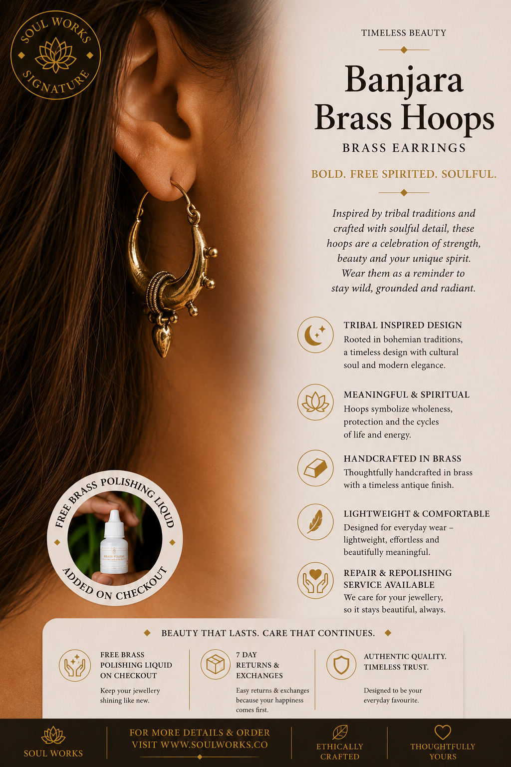 Banjara brass hoops featuring bold tribal-inspired detailing with curved crescent shapes and handcrafted embellishments, styled as statement bohemian earrings with an artisanal ethnic jewellery aesthetic.