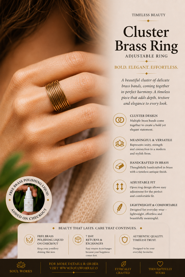 Cluster adjustable pure brass ring featuring layered textured bands with a bold minimalist design, styled on the hand with a contemporary bohemian jewellery aesthetic and handcrafted detailing.