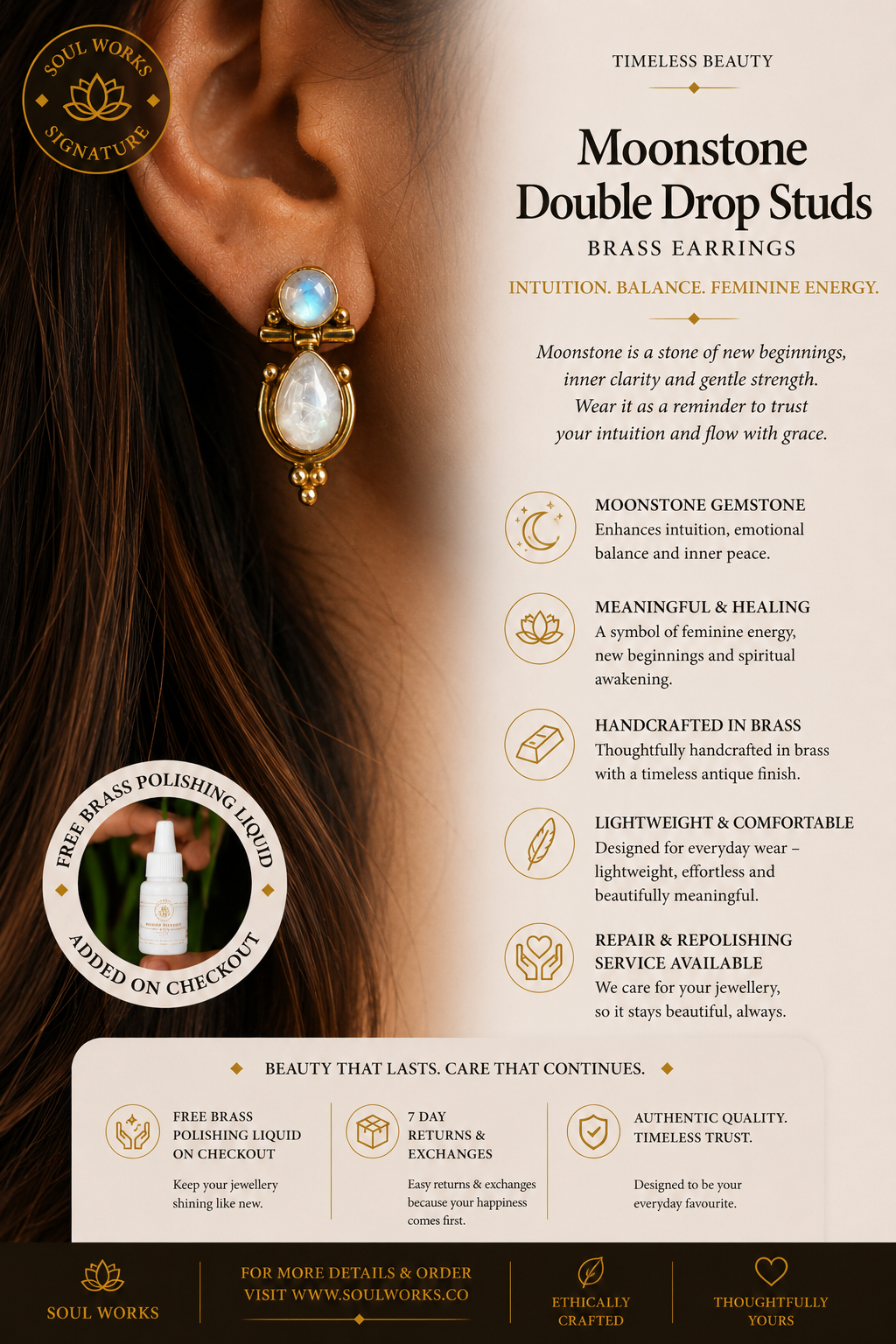 Moonstone double drop stud earrings in pure brass featuring luminous moonstone accents and elegant handcrafted detailing, styled with a minimalist bohemian jewellery aesthetic and timeless spiritual charm.