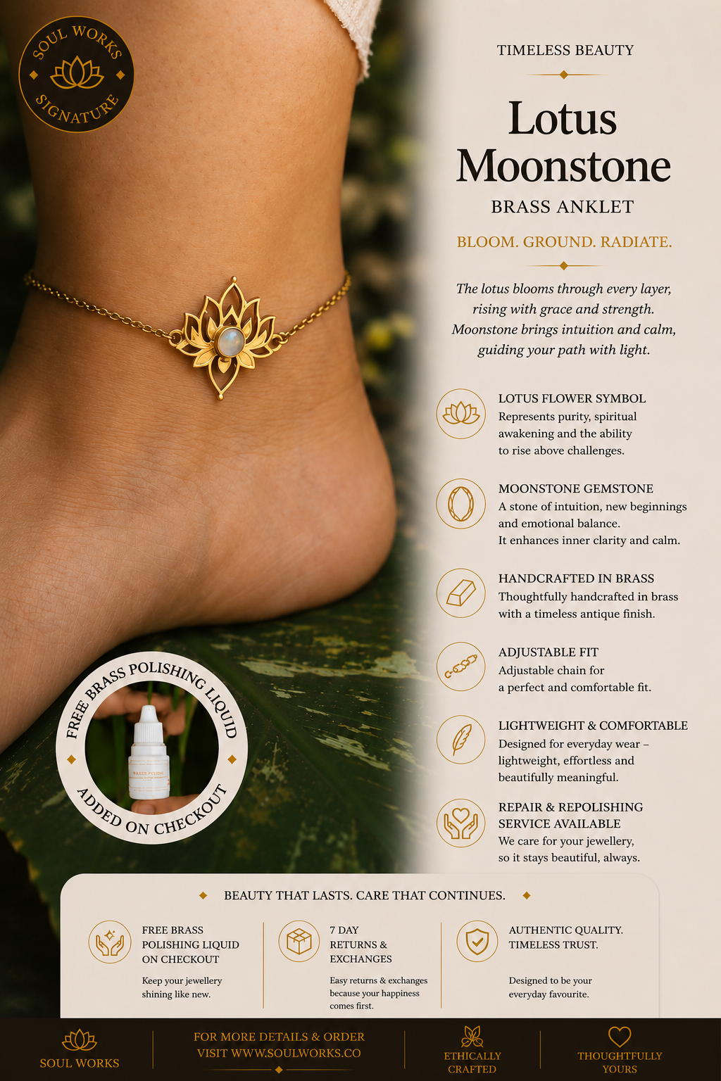 Lotus moonstone anklet in pure brass featuring an elegant lotus flower centerpiece with a luminous moonstone accent, styled around the ankle with a delicate bohemian jewellery aesthetic and spiritual charm.