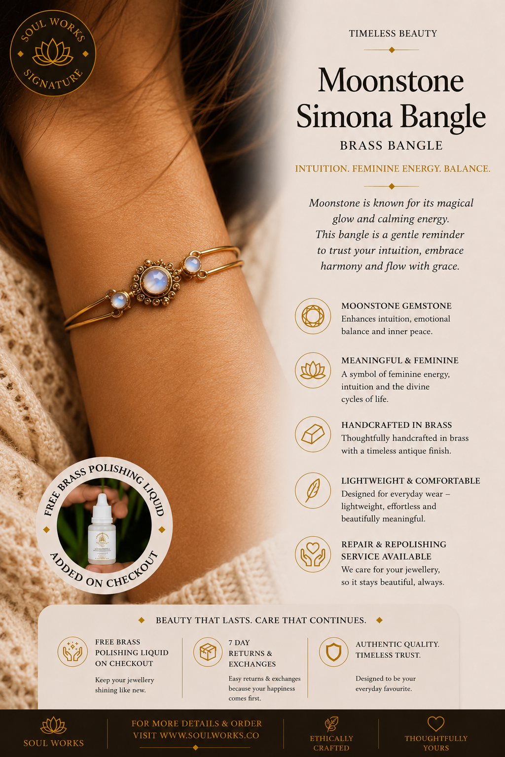 Moonstone Simona bangle in pure brass featuring luminous moonstone accents and intricate vintage-inspired detailing, styled on the wrist with a handcrafted bohemian jewellery aesthetic and elegant spiritual charm.