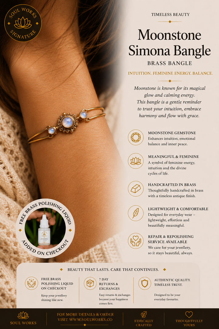 Moonstone Simona bangle in pure brass featuring luminous moonstone accents and intricate vintage-inspired detailing, styled on the wrist with a handcrafted bohemian jewellery aesthetic and elegant spiritual charm.