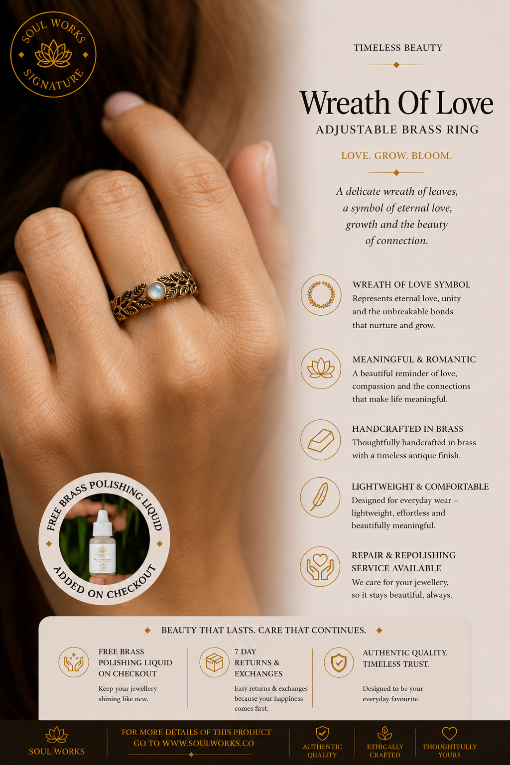 Wreath of Love adjustable pure brass ring featuring delicate leaf-inspired detailing and a luminous central stone, styled on the hand with a minimalist bohemian jewellery aesthetic and handcrafted elegance.