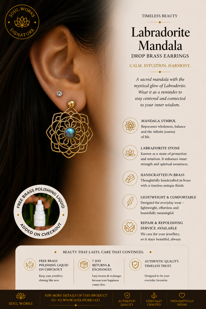 Labradorite mandala drop earrings in pure brass featuring intricate sacred floral geometry and luminous labradorite stone detailing, styled with a handcrafted bohemian jewellery aesthetic and elegant spiritual design.
