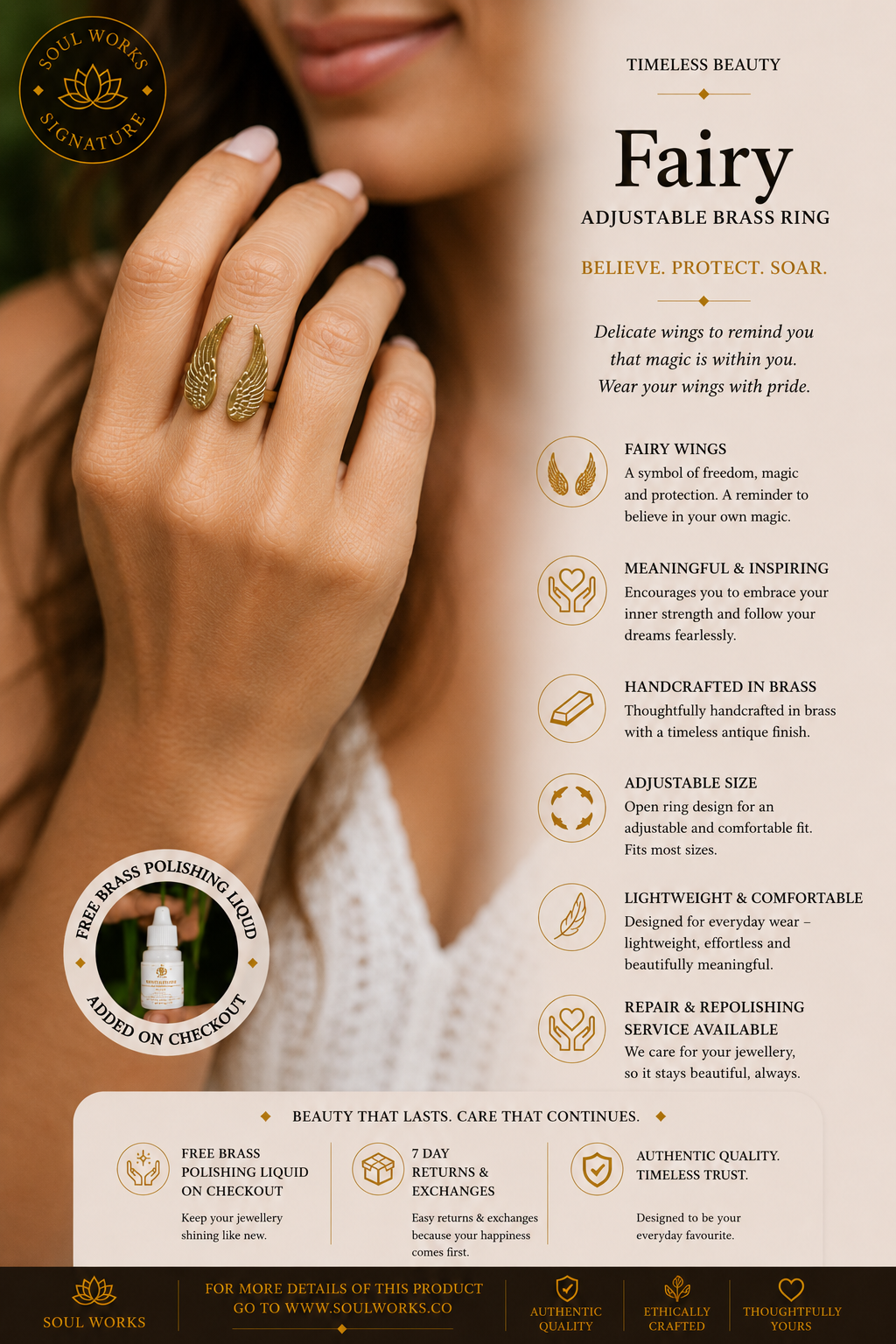 Fairy adjustable pure brass ring featuring delicate angel wing detailing, styled on the hand with a whimsical bohemian jewellery aesthetic and elegant handcrafted design.