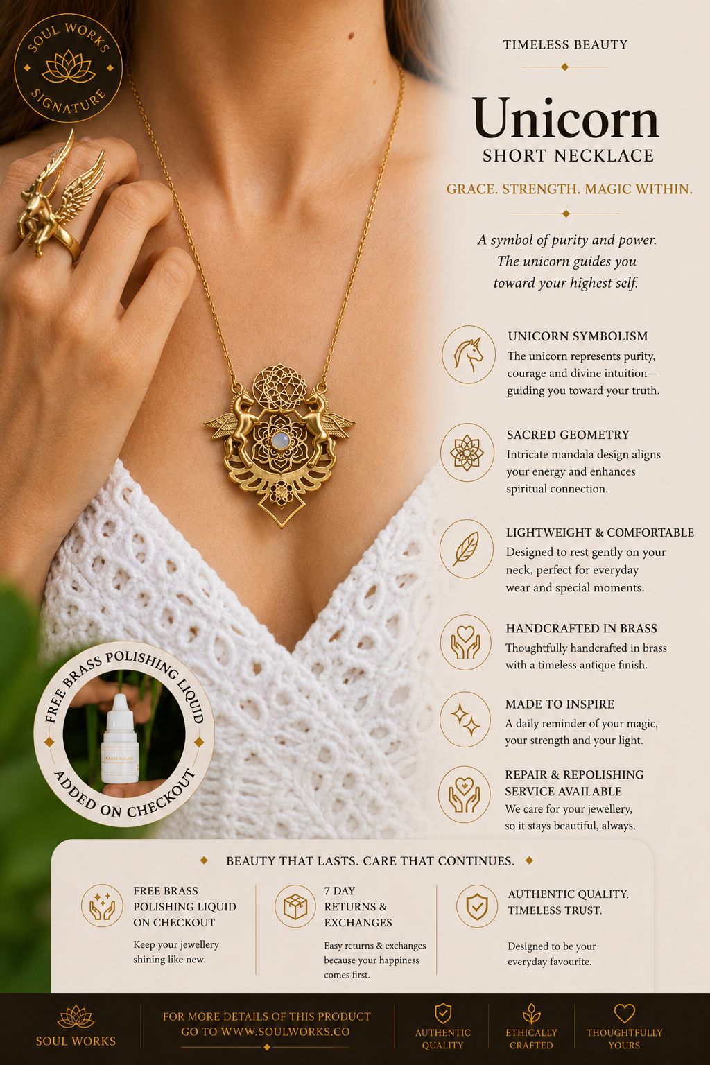 Unicorn short necklace in pure brass featuring mystical winged unicorn motifs, sacred geometric detailing, and a luminous central stone, styled as a bold bohemian statement jewellery piece.