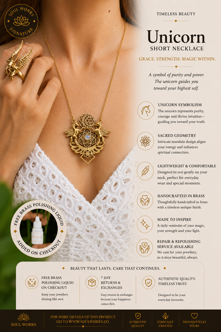 Unicorn short necklace in pure brass featuring mystical winged unicorn motifs, sacred geometric detailing, and a luminous central stone, styled as a bold bohemian statement jewellery piece.