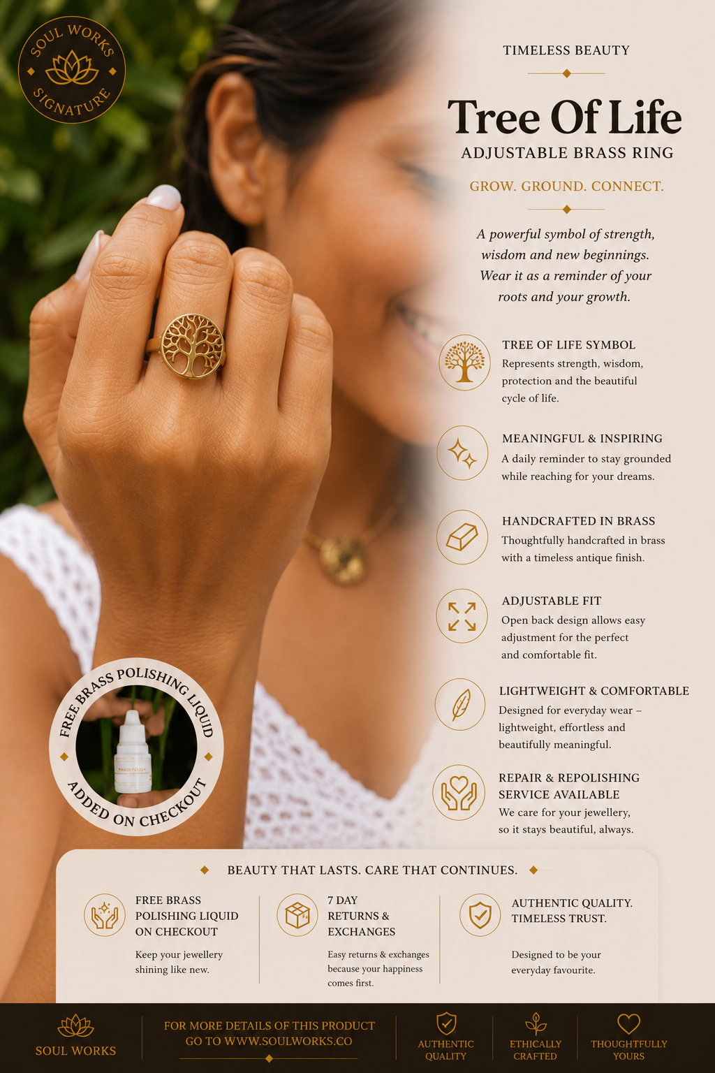 Tree of Life adjustable pure brass ring featuring an intricate nature-inspired tree motif, styled on the hand with a handcrafted bohemian jewellery aesthetic and symbolic spiritual detailing.