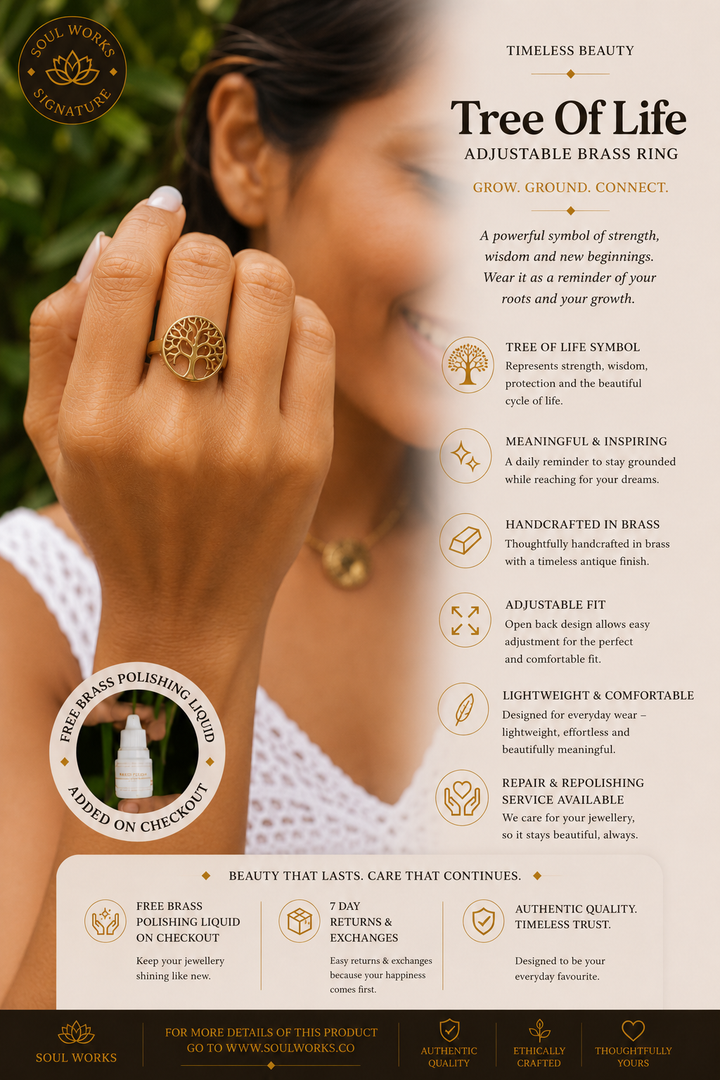 Tree of Life adjustable pure brass ring featuring an intricate nature-inspired tree motif, styled on the hand with a handcrafted bohemian jewellery aesthetic and symbolic spiritual detailing.