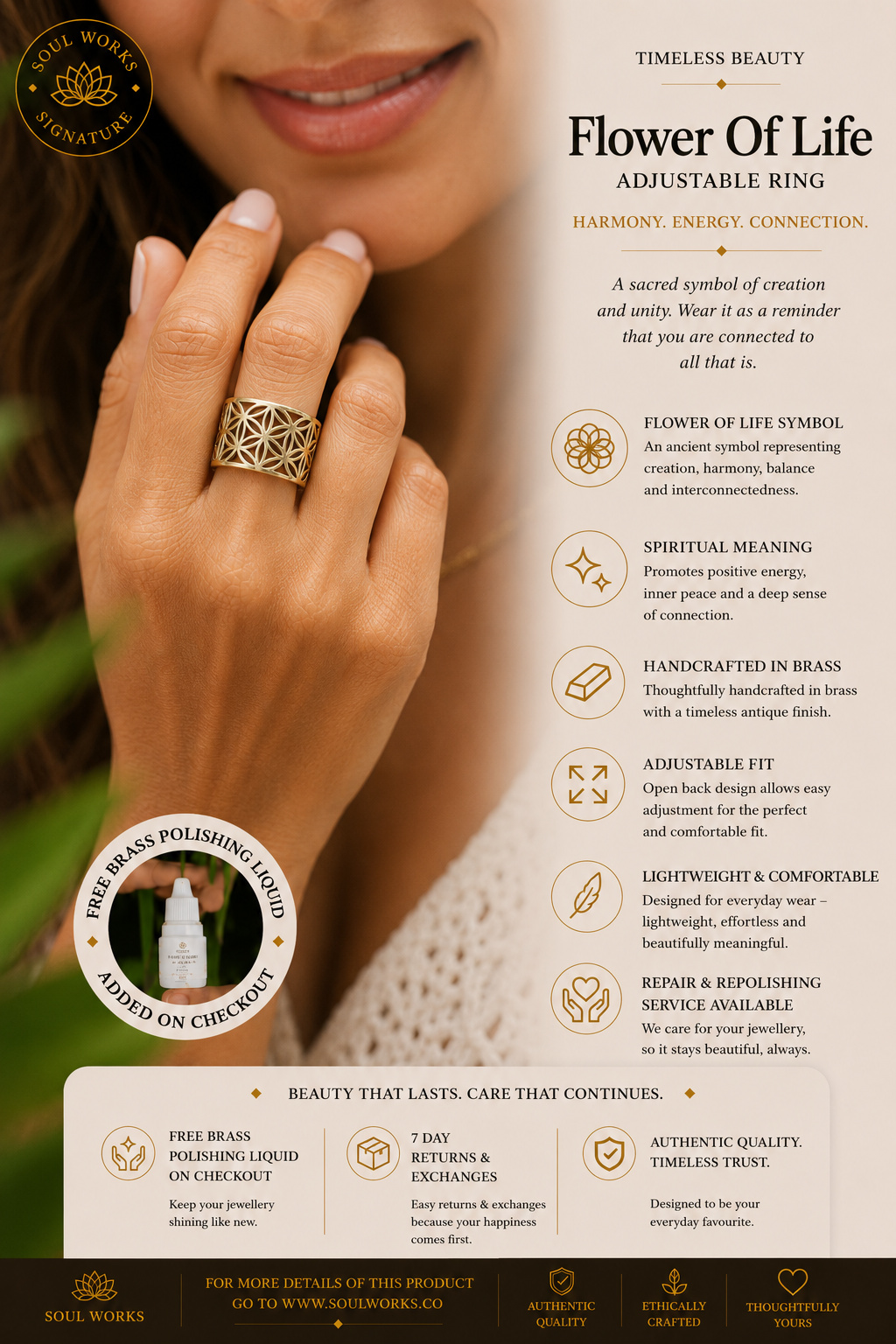 Flower of Life adjustable ring in pure brass featuring intricate sacred geometry detailing, styled on the hand with a minimalist bohemian jewellery aesthetic and handcrafted spiritual design.