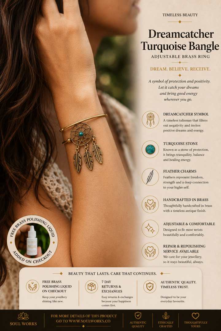 Dreamcatcher turquoise bangle in pure brass featuring delicate feather charms and a turquoise centerpiece, styled on the wrist with a handcrafted bohemian jewellery aesthetic and spiritual tribal detailing.