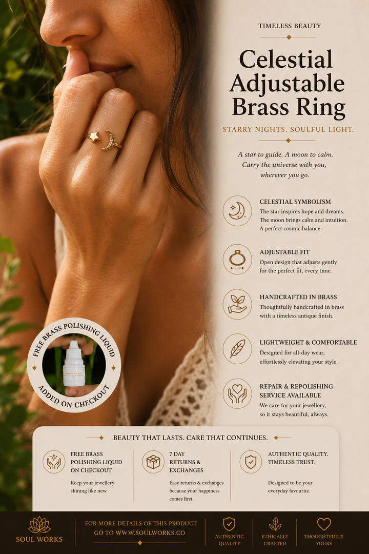 Celestial adjustable pure brass ring featuring a delicate moon and star design, styled on the hand with a minimalist bohemian jewellery aesthetic and elegant handcrafted detailing.