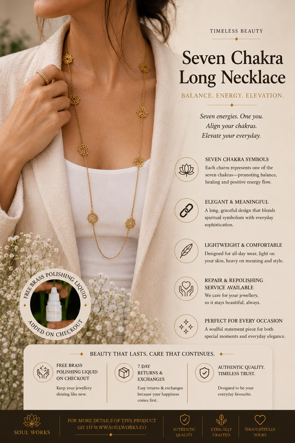 Elegant seven chakra long necklace in brass with delicate spiritual chakra symbols spaced along a fine chain, styled with soft neutral clothing for a minimalist bohemian look.