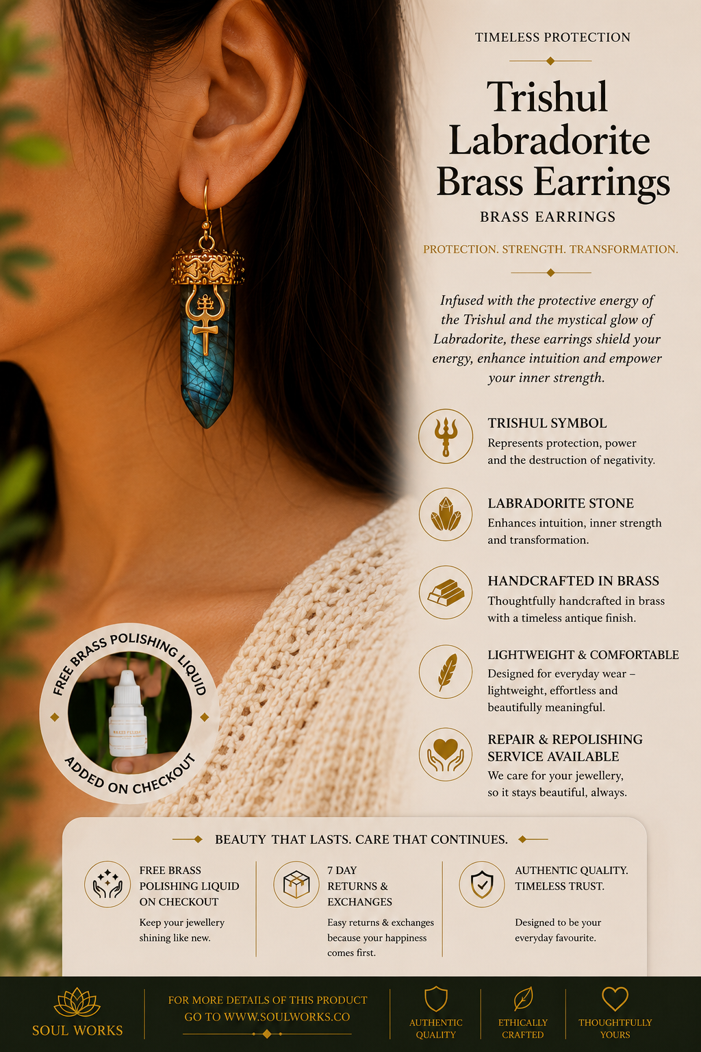 Trishul Labradorite Brass Earrings handcrafted with luminous labradorite crystal points and sacred Trishul detailing, symbolizing strength, protection, and spiritual power. A striking bohemian statement piece with mystical energy and artisan charm.