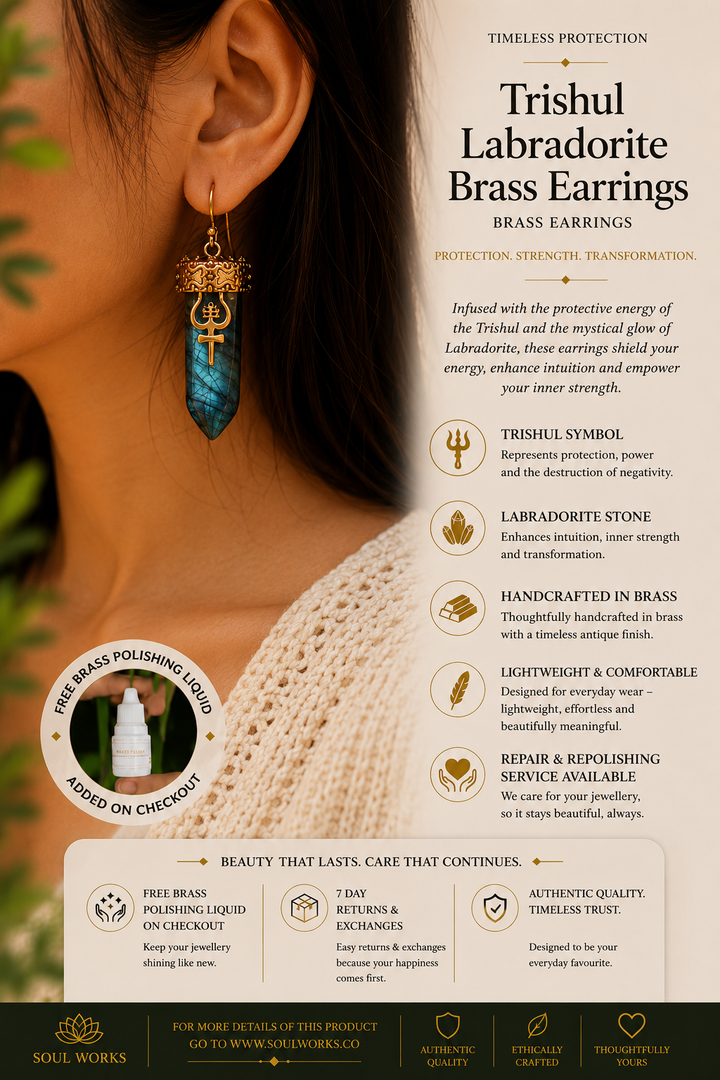 Trishul Labradorite Brass Earrings handcrafted with luminous labradorite crystal points and sacred Trishul detailing, symbolizing strength, protection, and spiritual power. A striking bohemian statement piece with mystical energy and artisan charm.