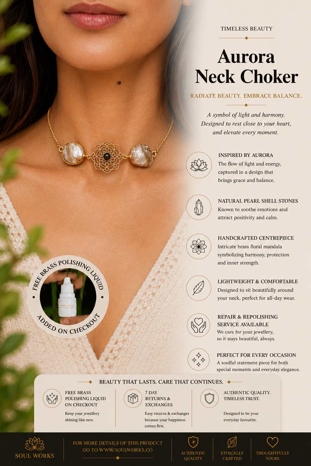 Aurora neck choker in pure brass featuring luminous natural stones and an intricate mandala-inspired centerpiece, styled elegantly along the neckline with a handcrafted bohemian jewellery aesthetic.