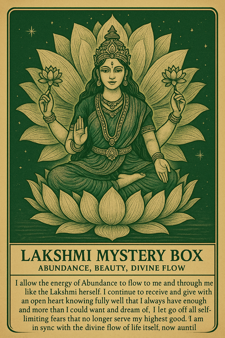 Lakshmi mystery box- for Abundance, Beauty and Divine flow. 3 pieces of jewellery + manifestation card + calming perfume oil