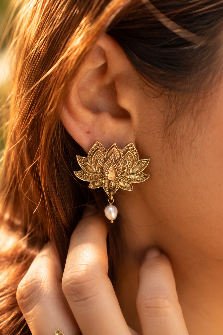 Lotus & Pearl Dangle Stud earrings