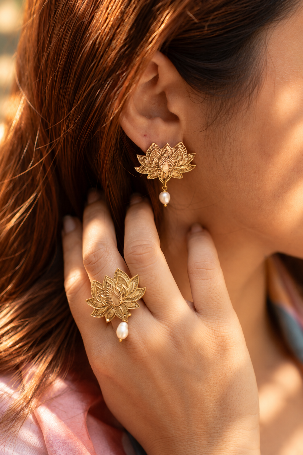 Lotus & Pearl Dangle Stud earrings