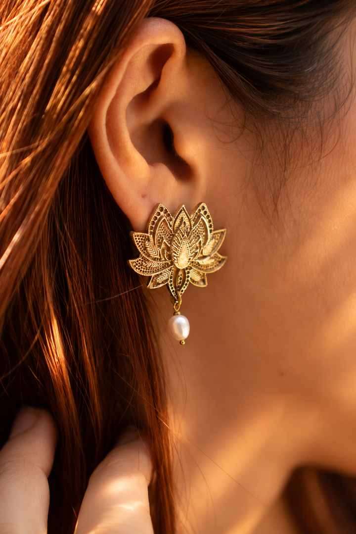 Lotus & Pearl Dangle Stud earrings