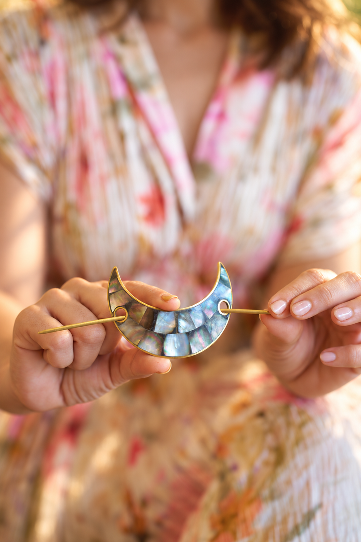 Noor Moon Mother of Pearl Brass Hair Pin