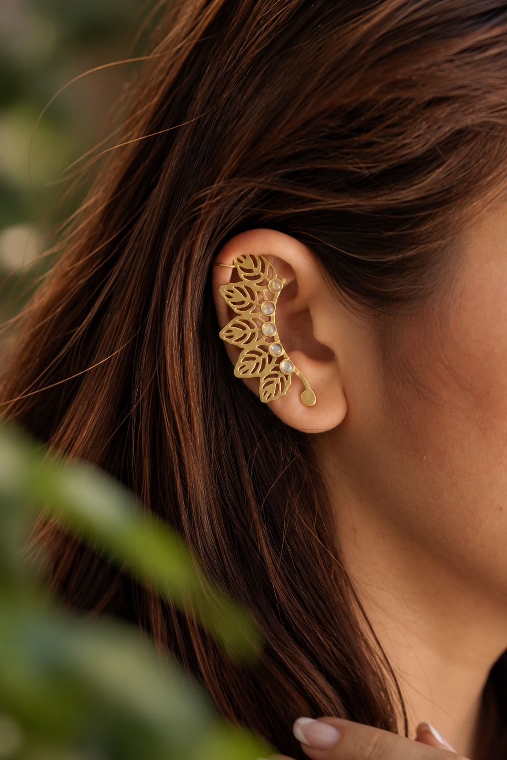 Moonlit Vine Moonstone Brass Ear Cuff