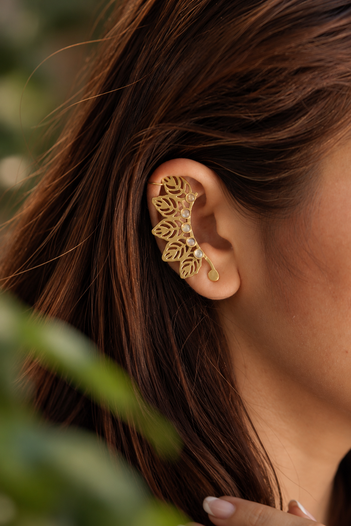 Moonlit Vine Moonstone Brass Ear Cuff