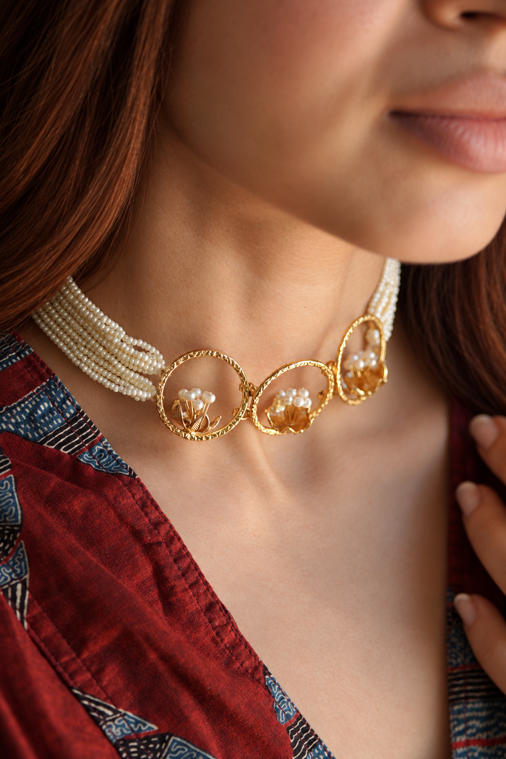 Pearl Blossom Trio Brass Gold Plated Choker