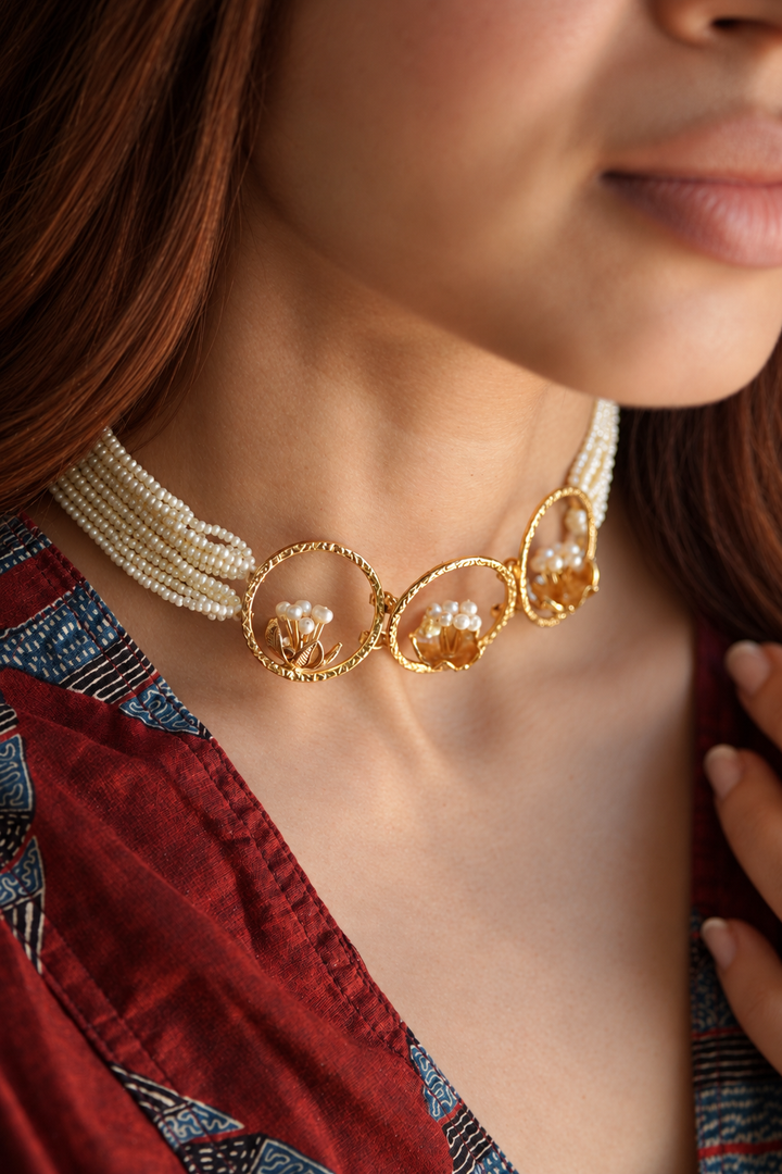 Pearl Blossom Trio Brass Gold Plated Choker