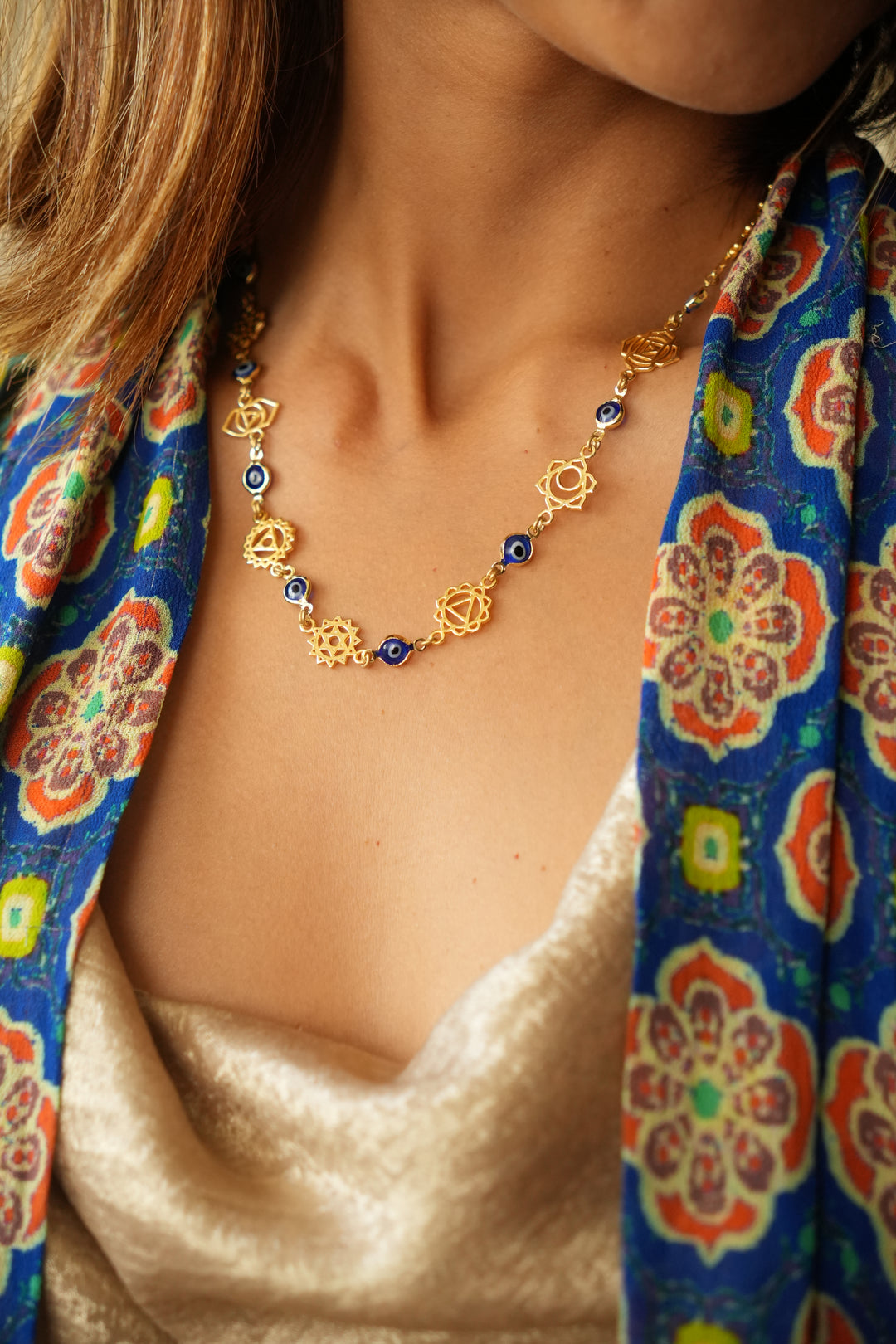 Evil eye seven chakra short necklace- gold plated