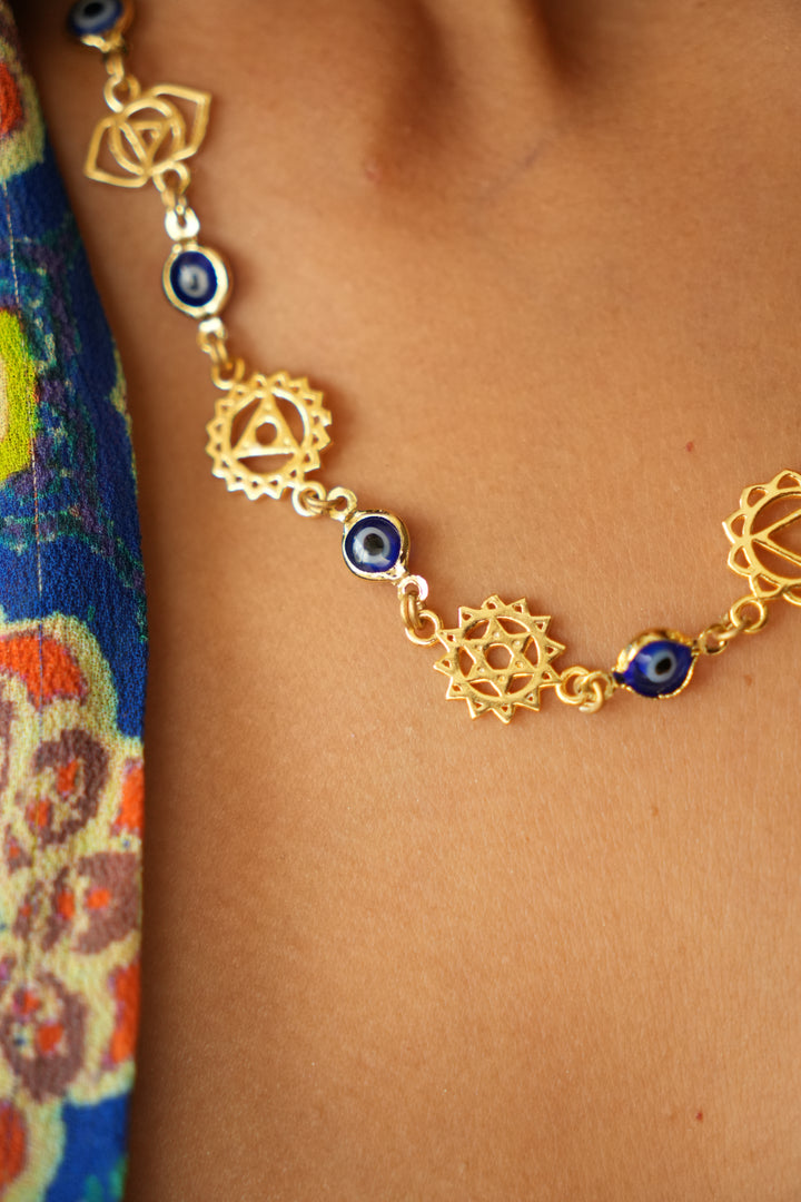 Evil eye seven chakra short necklace- gold plated