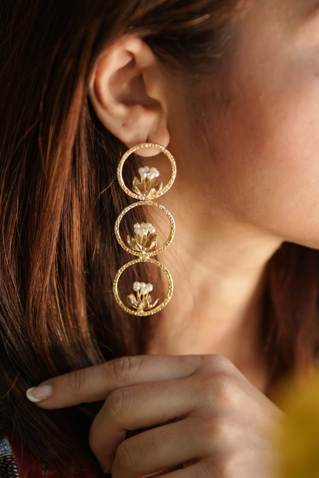 Pearl Blossom Trio Brass Gold Plated Danglers