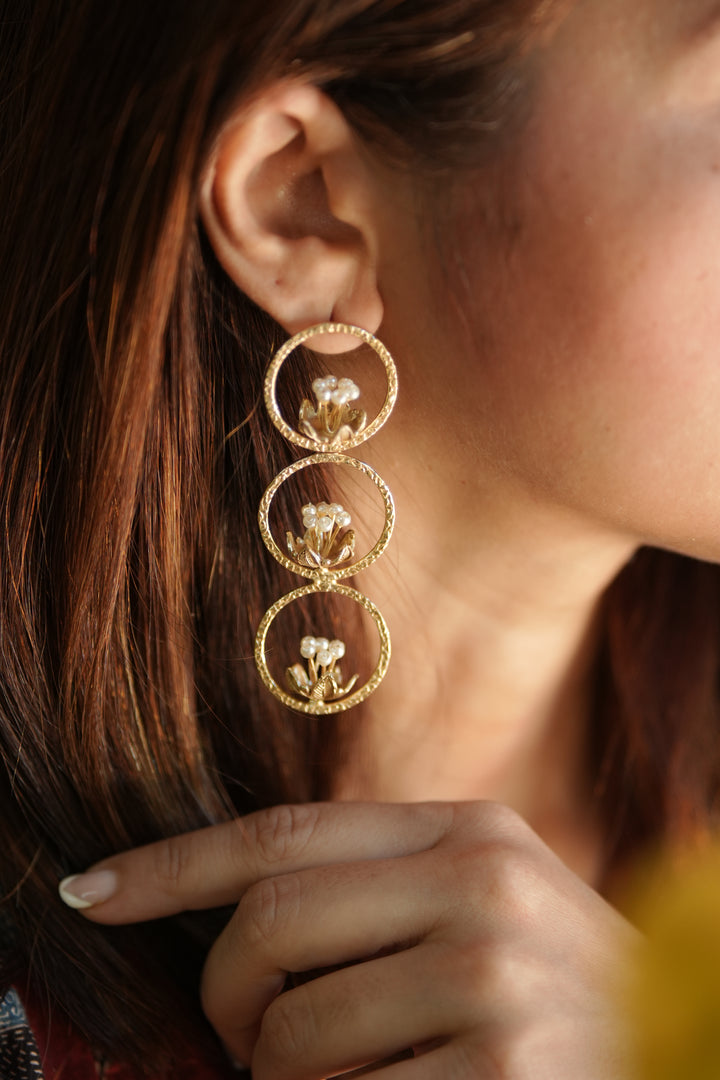 Pearl Blossom Trio Brass Gold Plated Danglers