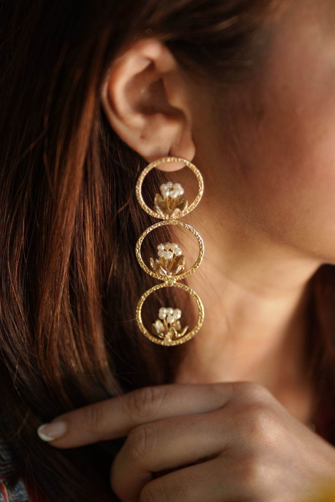 Pearl Blossom Trio Brass Gold Plated Danglers