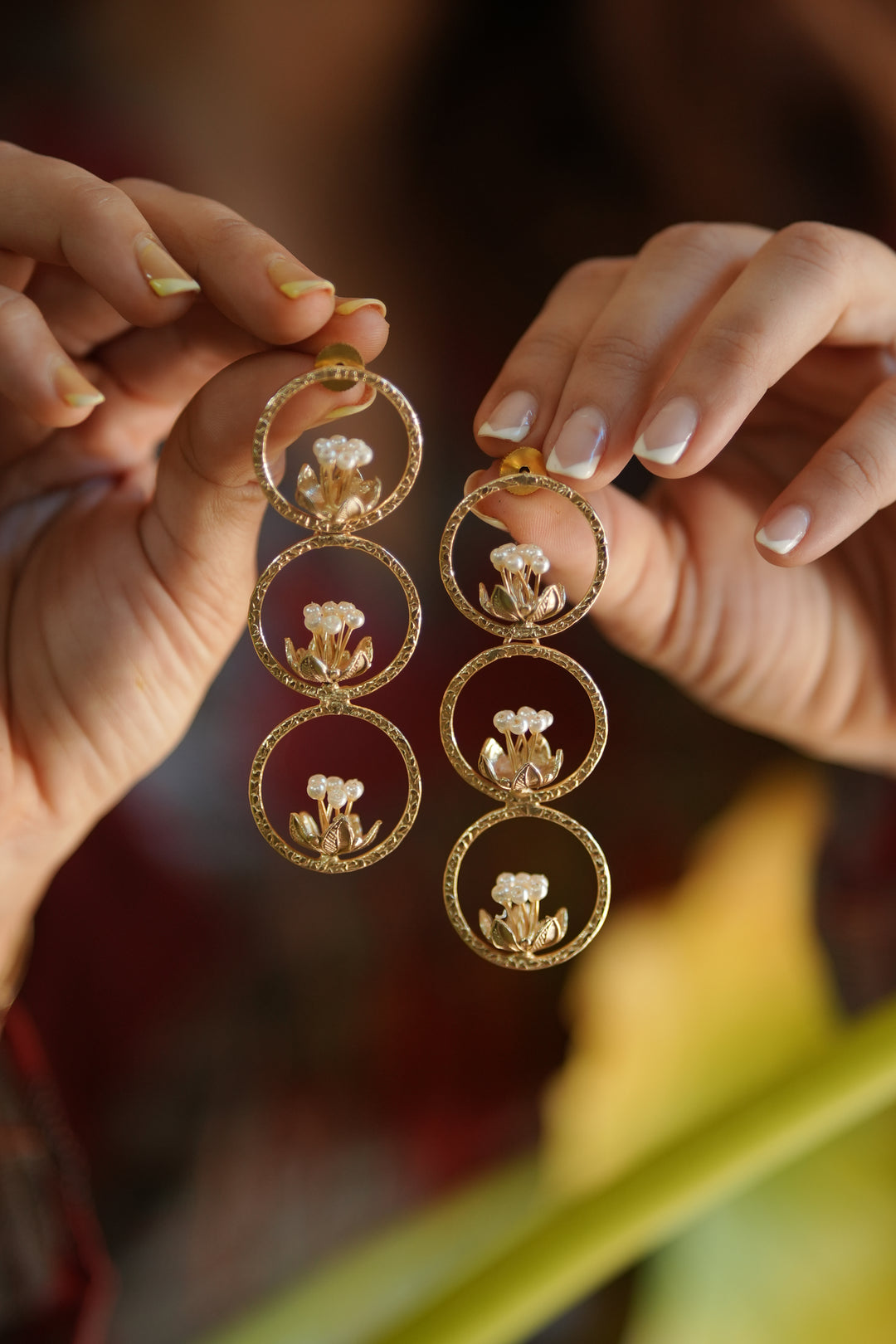 Pearl Blossom Trio Brass Gold Plated Danglers