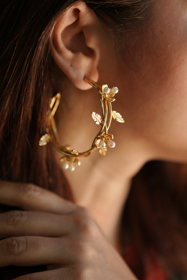 Blooming Grace Pearl Brass Gold plated Hoops