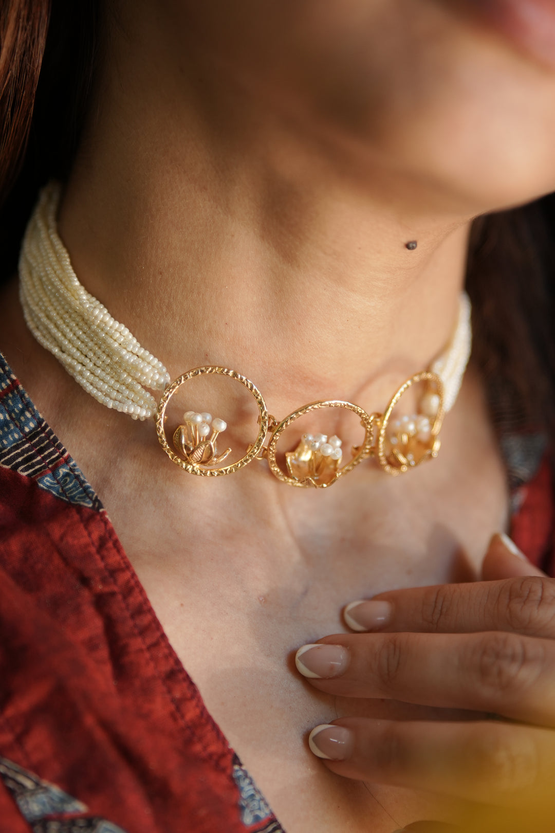 Pearl Blossom Trio Brass Gold Plated Choker