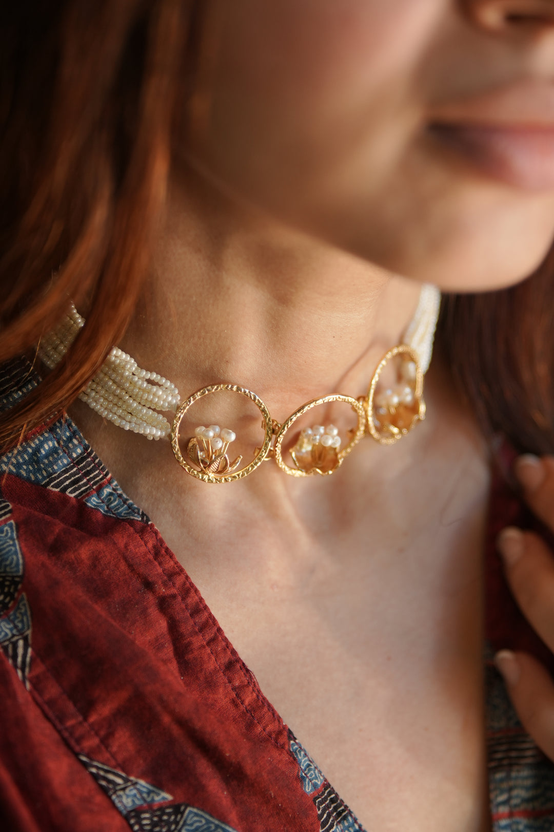 Pearl Blossom Trio Brass Gold Plated Choker