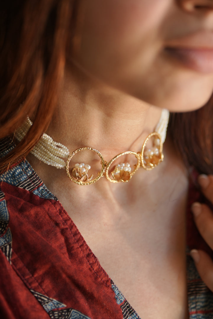 Pearl Blossom Trio Brass Gold Plated Choker
