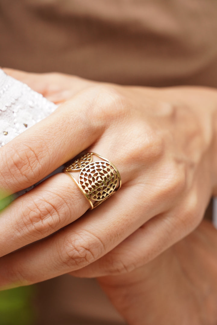 Seed of life adjustable brass ring