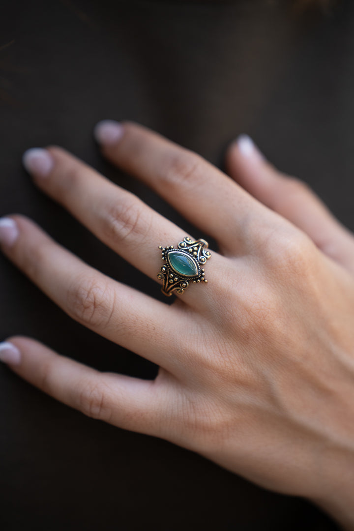 Green Onyx Marquise Brass Ring. size 6-9 Adjustable
