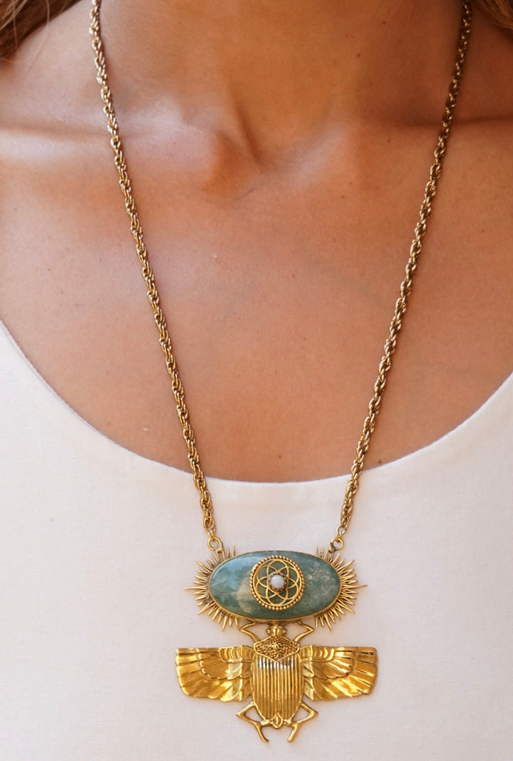 Scarab long chain with aquamarine