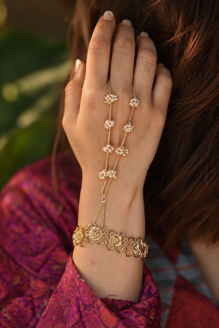 Gulzaar Pearl Brass Gold plated Haathphool