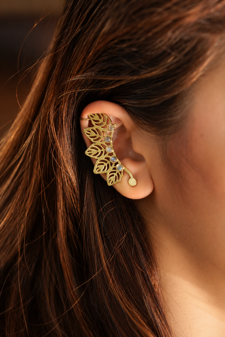 Moonlit Vine Moonstone Brass Ear Cuff