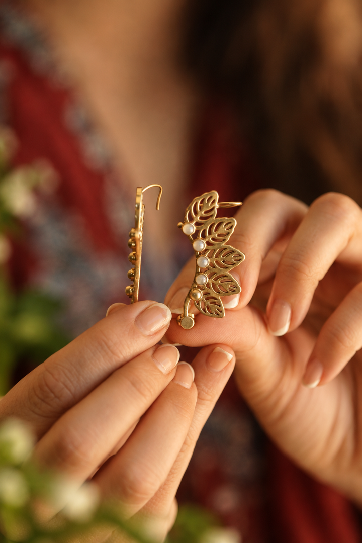 Moonlit Vine Moonstone Brass Ear Cuff