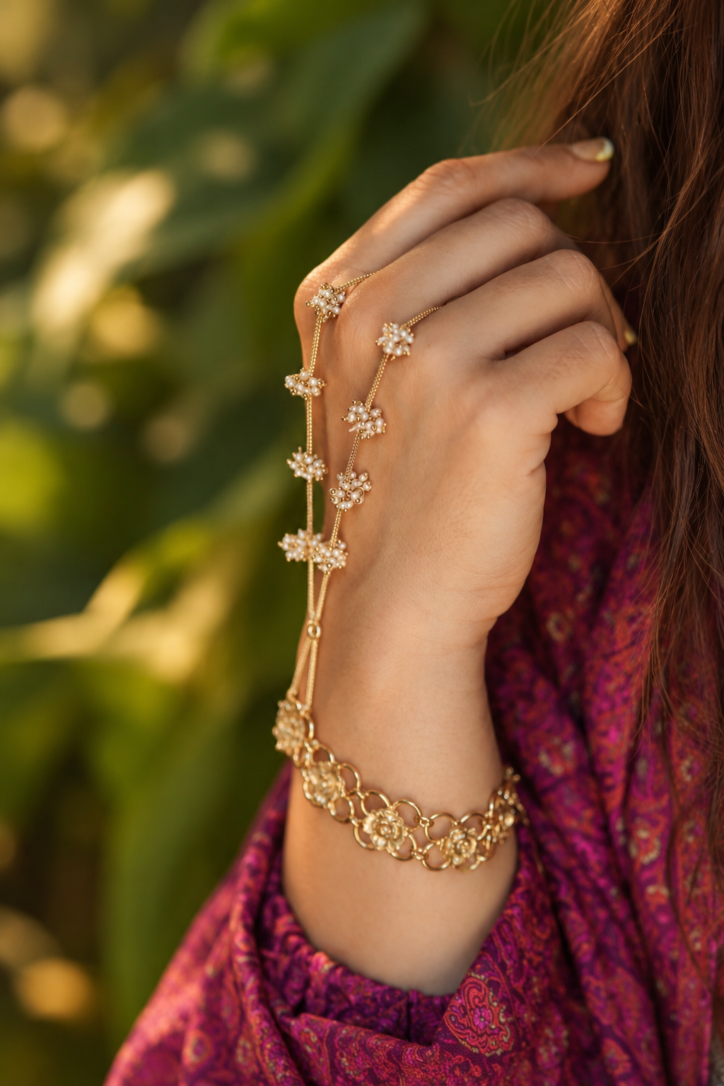 Gulzaar Pearl Brass Gold plated Haathphool