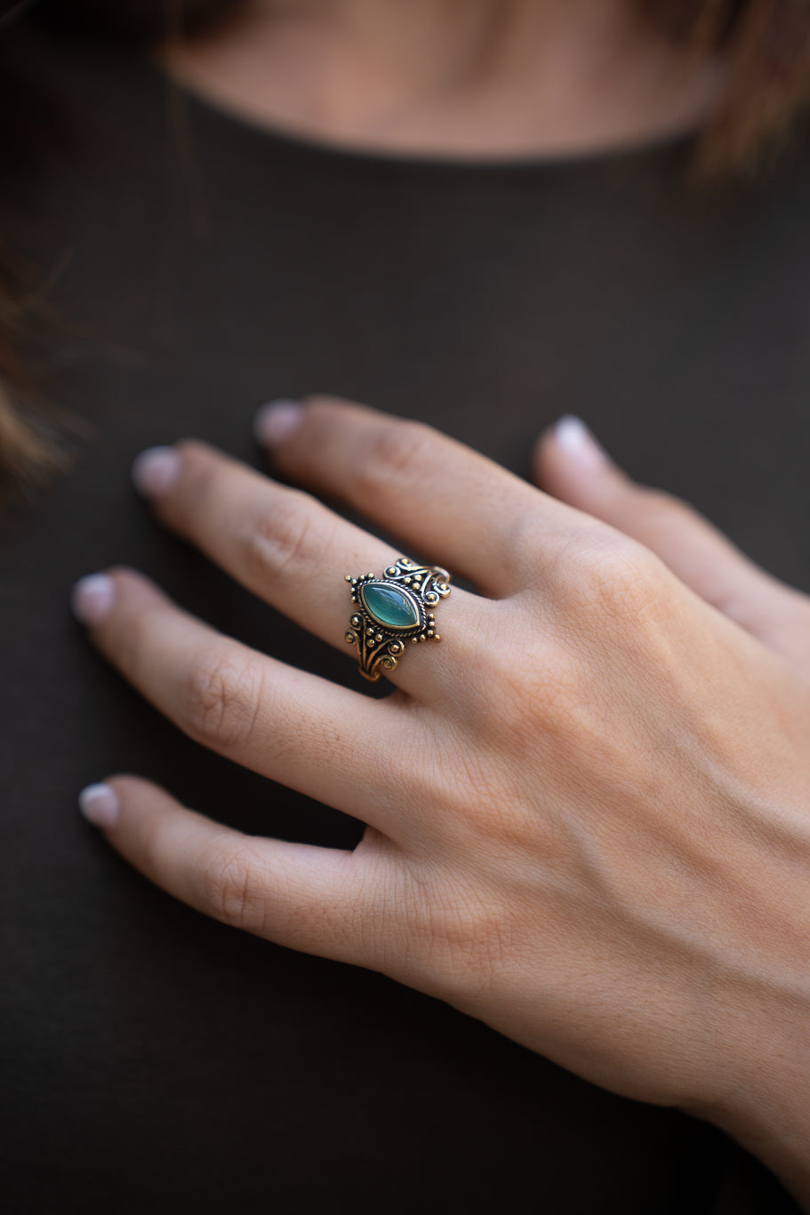 Green Onyx Marquise Brass Ring. size 6-9 Adjustable