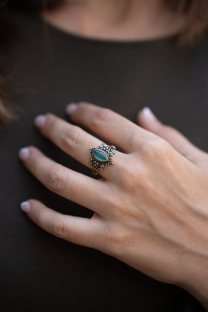 Green Onyx Marquise Brass Ring. size 6-9 Adjustable