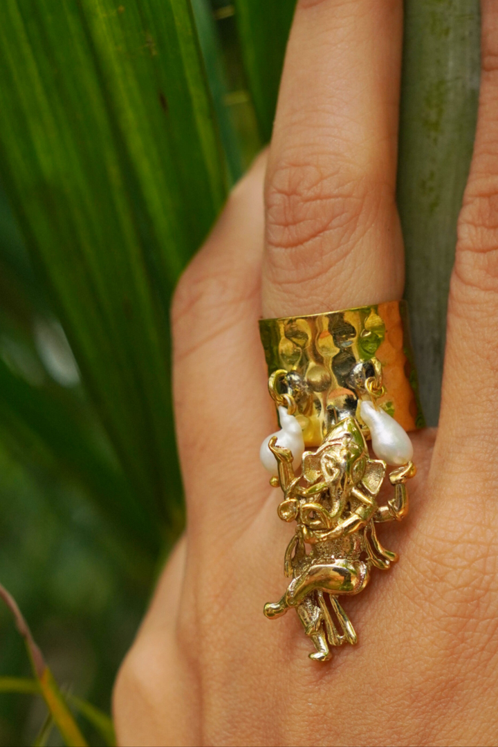 Ganesha pearl brass ring~adjustable